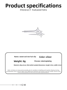 Detailed view of silver Y2K star hair clip with zircon inlay and product dimensions
