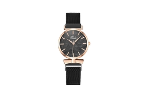 Detail of rose gold case with textured black dial and magnetic Milanese mesh strap