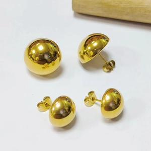 Polished 18K gold-plated stainless steel hemispherical stud earrings set on white background
