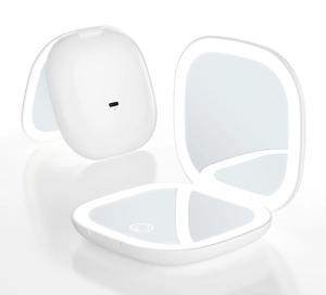 Detail view of foldable LED makeup mirror with Type-C charging port and touch control