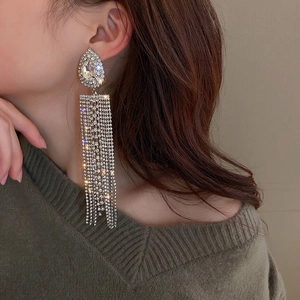Close-up of sparkling waterdrop silver tassel earrings with crystal fringe details