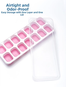 Close-up of 14-grid ice cube tray with a transparent lid and soft pink silicone base