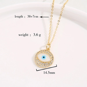Detail shot of Evil Eye pendant necklace with dimensions 38+7cm length and 14.5mm diameter