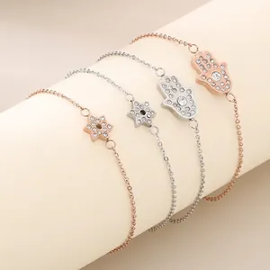 Bracelet Main De Fatma Et Étoile Hexagramme En Acier Inoxydable Avec Strass Bijoux Minimalistes Style Coréen