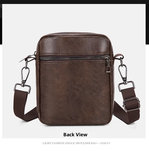 Rear view of brown PU leather crossbody bag with zipper pocket and adjustable strap