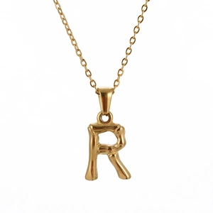 Golden stainless steel necklace featuring a bamboo texture letter R pendant on O-chain