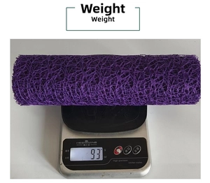 Detail shot of purple jacquard mesh roll on a scale weighing 93 grams for DIY floral decor