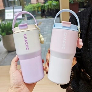 Detail of portable stainless steel vacuum flask with handle and stylish gradient design
