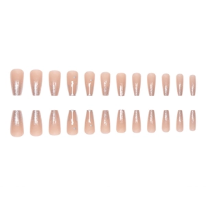 Glitter gradient nude pink press-on nails with silver line accents 24pcs set