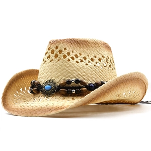Handwoven straw cowboy hat with turquoise turquoise stone and wooden bead band detail