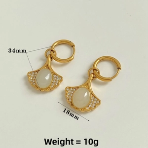 Detailed view of ginkgo leaf earrings with colorful cubic zirconia and dimensions