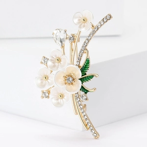 Broche Fleur De Prunier Élégante Pour Femmes Émail Blanc Alliage Strass Ton Or Accessoires De Vêtement Épingle Vintage