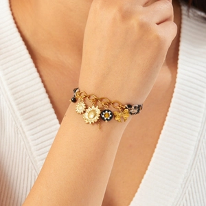 Bohemian gold stainless steel bracelet with leopard print fabric and sunflower charms