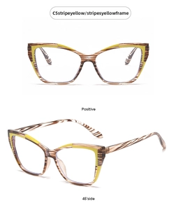 Cat eye glasses frames with C5 stripe yellow texture shown in front and side views