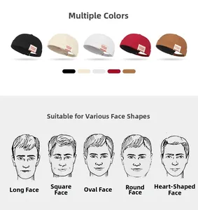 Detail view of cotton docker hats in five colors with red side label for various face shapes