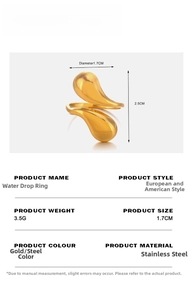 Detailed view of teardrop ring dimensions with gold-plated stainless steel finish