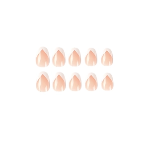 Classic French tip press-on nails with peach nude base and white V-shape almond design