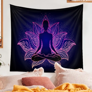 Detailed view of a bohemian yoga tapestry with lotus and silhouette in a cozy bedroom
