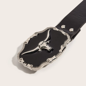 Punk style black leather belt featuring a vintage silver bull head buckle with rivets