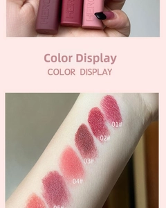 Arm swatches showing five matte velvet lipstick shades from rose pink to deep red