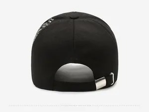 Back view of black cotton baseball cap with silver metal buckle and side embroidery