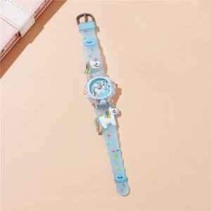 Detail of light blue silicone strap with 3D cartoon unicorn, clouds, and rainbow patterns