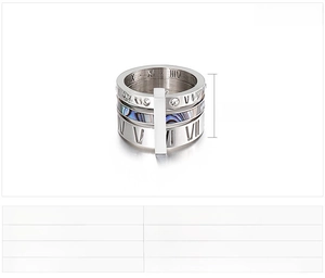 Close-up of 12mm silver stainless steel ring with Roman numerals and abalone shell inlay