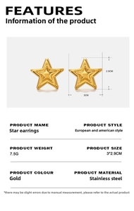 Detail view of gold stainless steel star earrings showing 3x2.9cm dimensions and 7.5g weight