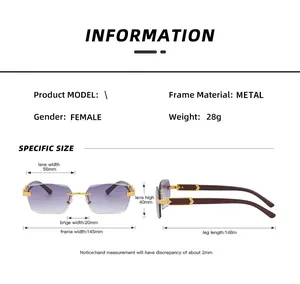 Detailed technical diagram showing dimensions of square metal sunglasses with wood grain temples