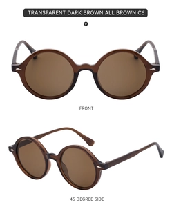 Detailed front and 45-degree side view of vintage round dark brown sunglasses
