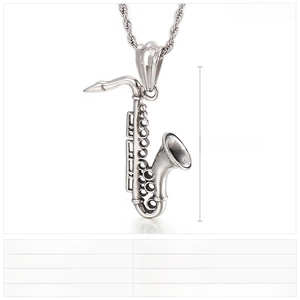 Detailed specs of saxophone pendant in stainless steel with 44x21mm size and 12g weight