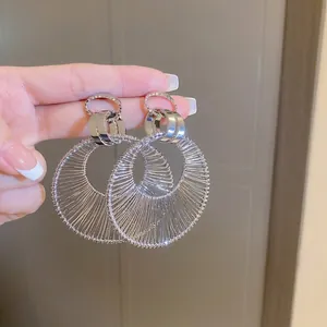 Large Round Hoop Earrings With Silver Earring Post Metal Wire Winding Hollow Out Exaggerated Jewelry For Women
