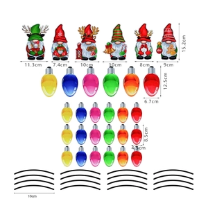 Christmas gnome and colorful bulb magnetic stickers set with dimensions on white background