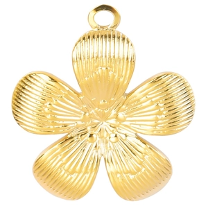 Detailed view of a 18k gold plated stainless steel five-petal flower pendant with texture