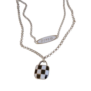 Retro double-layer necklace with black and white checkerboard and Dream pendant