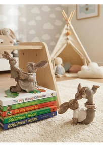 Detailed view of vintage resin rabbit figurines in a warm children room with soft lighting
