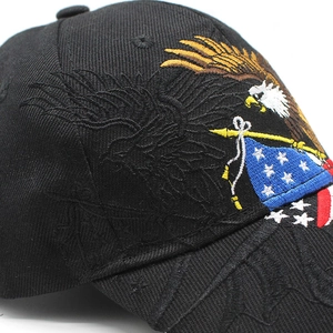 Detailed close-up showing high-density eagle embroidery on black cotton twill baseball cap