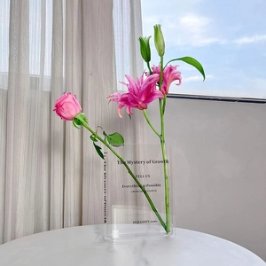 Macro detail of acrylic book flower vase with pink roses and printed inspirational text
