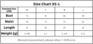 Tableau des tailles pour haut court froncé avec boutons, dimensions XS-L en centimètres