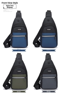 Detail view of multi-color nylon cross-body bags in blue, green, and grey options