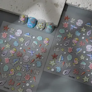Nail Art Stickers 5D Embossed Ocean Sea Creatures Shell Starfish Jellyfish 3D Relief Self Adhesive DIY Decoration