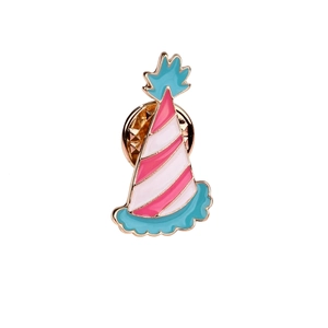 Cute birthday hat metal brooch with pink blue and white enamel and gold trim finish
