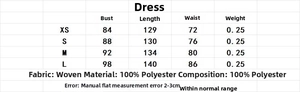 Size chart for polka dot maxi dress detailing bust, length, and waist dimensions