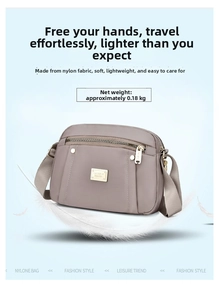 Detail showing lightweight nylon material with grey-brown fabric and metal zipper