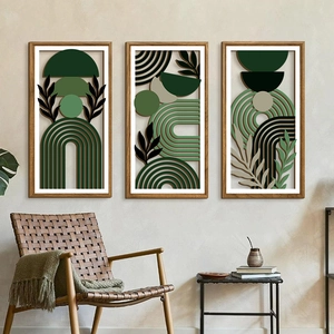 Lot de 3 décorations murales 3D en bois aux motifs géométriques et feuilles vertes