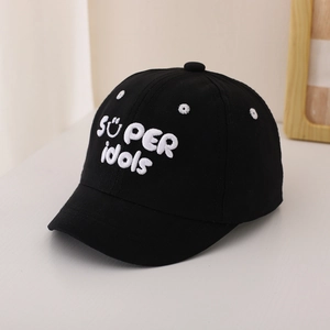 Close-up of black children's baseball cap with Super Idols embroidery and smile pattern