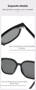 Detail view of reinforced metal hinges and integrated nose pads on black sunglasses