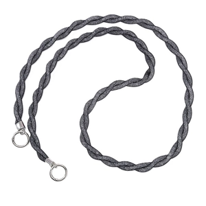 Deep grey braided crossbody phone lanyard with silver metal clasps on white background