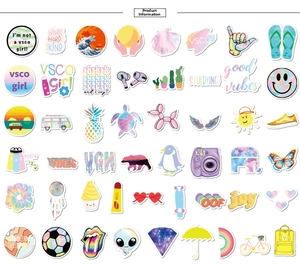 Detailed grid display of 50 VSCO-style stickers with colorful pop culture graphics