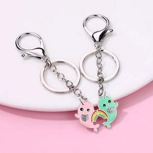 Cute whale couple keychains with pink and green enamel pendants and rainbow link
